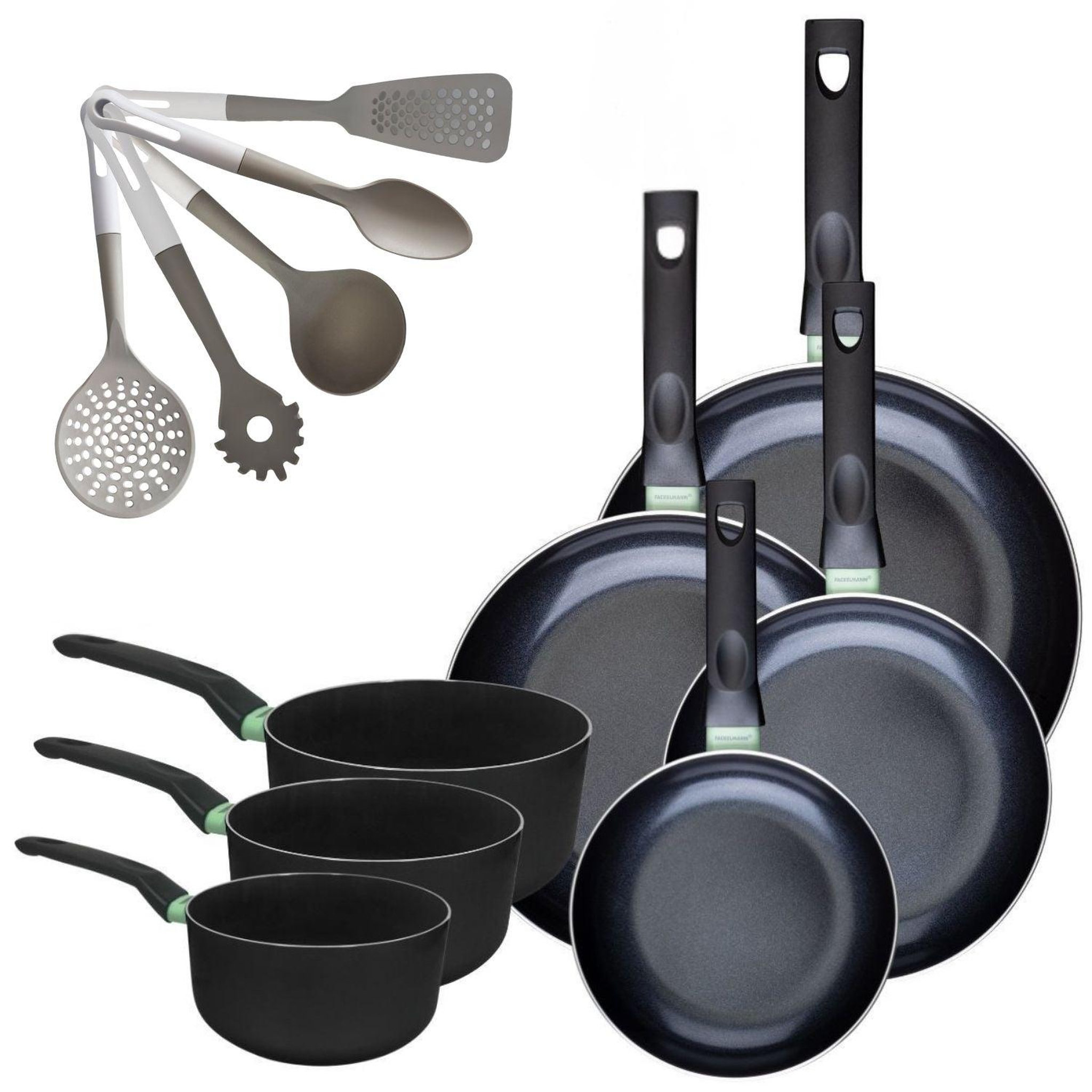 Fackelmann Lot de 4 poêles 20/24/28/30 cm et 3 casseroles 16/18/20 cm fackelmann brandao avec 5 ustensiles de cuisine