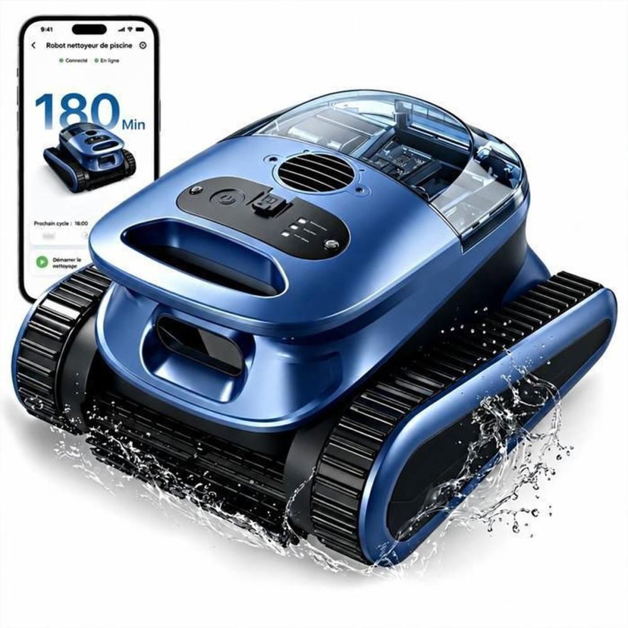 Robot de nettoyage de piscine sans fil, sol/murs/ligne d'eau, contrôle application, 200 m², 45 000 Pa, 3 L, IPX8