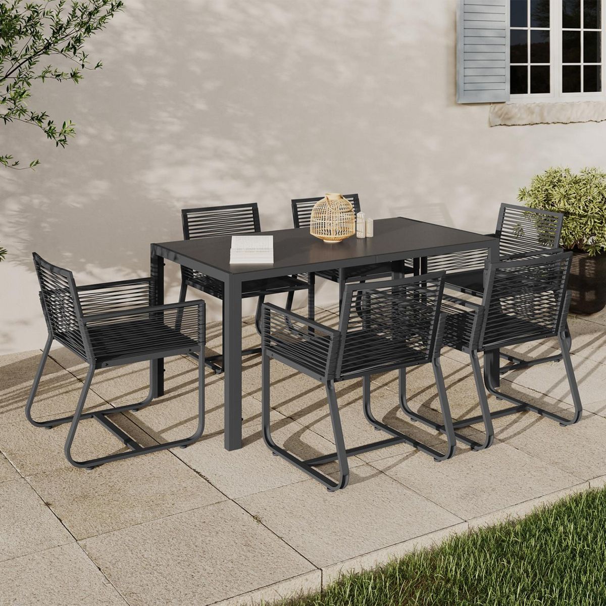 ID MARKET Salon de jardin ODESSA table 150 cm et 6 fauteuils cordage gris anthracite