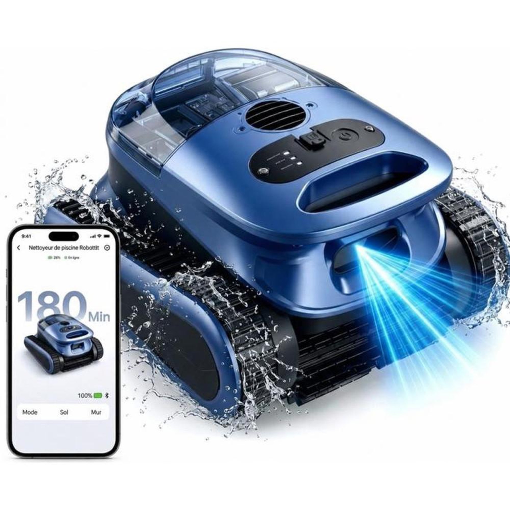 Nettoyeur de piscine robot sans fil, sols parois et marches, commande via appli, 180 min d'autonomie, jusqu'à 200 m²