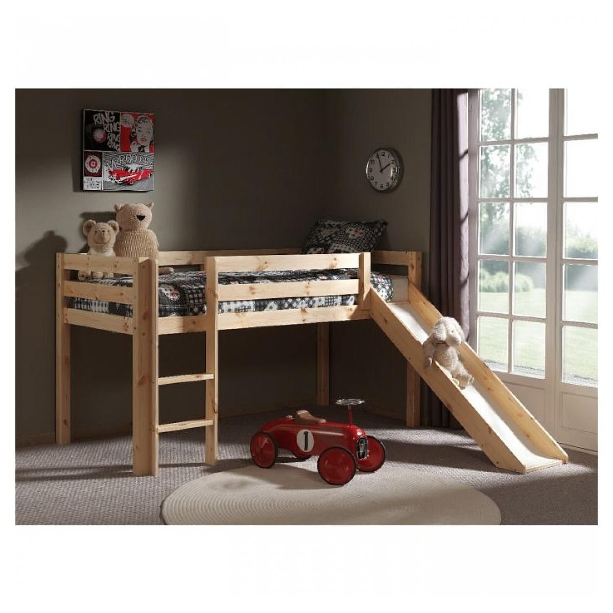 Paris Prix Lit Enfant Surélevé Avec Toboggan  Pino Dino  90x200cm Naturel