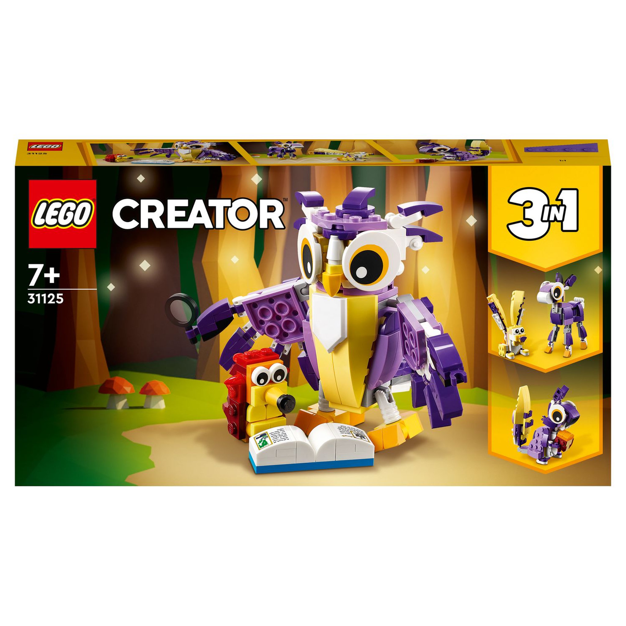 LEGO Creator 31125 Fabuleuses Créatures de la Forêt, Jouet 3 en 1 Hibou Hérisson Lapin