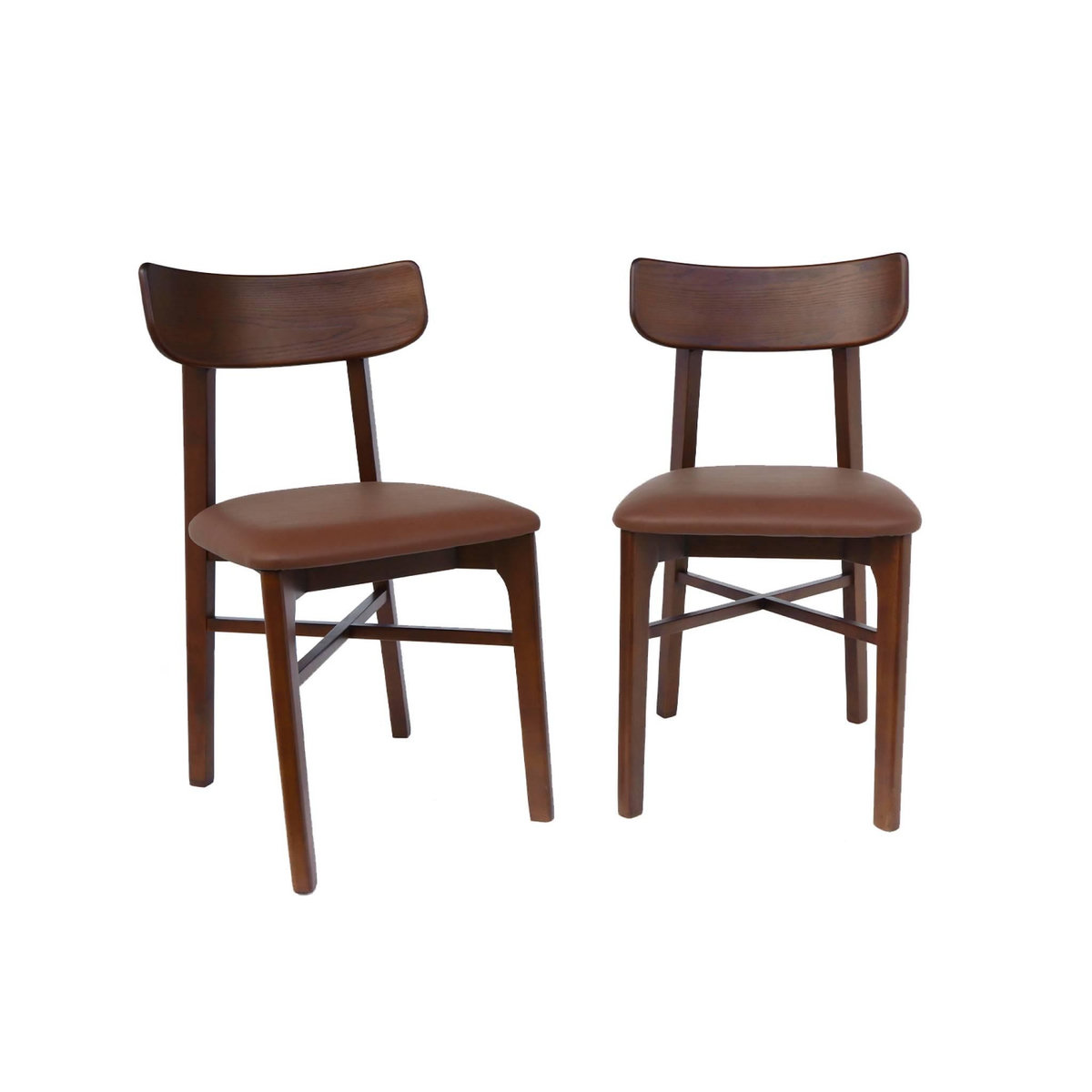 SWEEEK Lot de 2 chaises bois d'hévéa et assise simili cuir marron. vintage. L 43.5 x P 48 x H 81cm