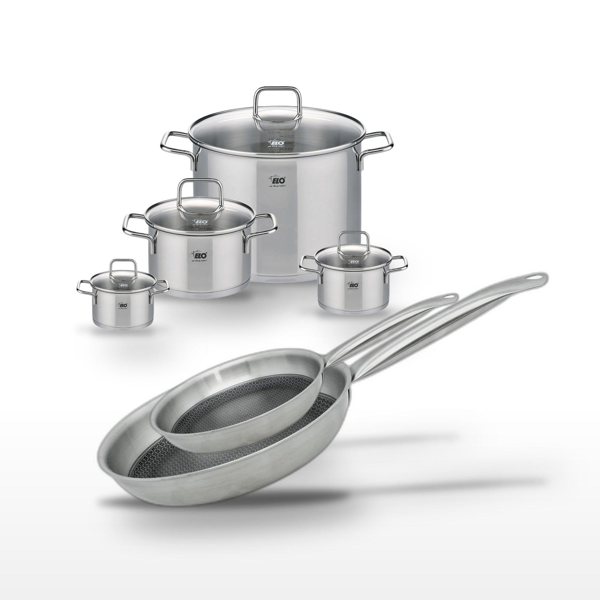 ELO Batterie de cuisine avec 2 faitouts 12/14 cm 2 faitouts 20/26 cm et 2 poêles 24/28 cm en inox sans pfas elo collection relief solution citrin