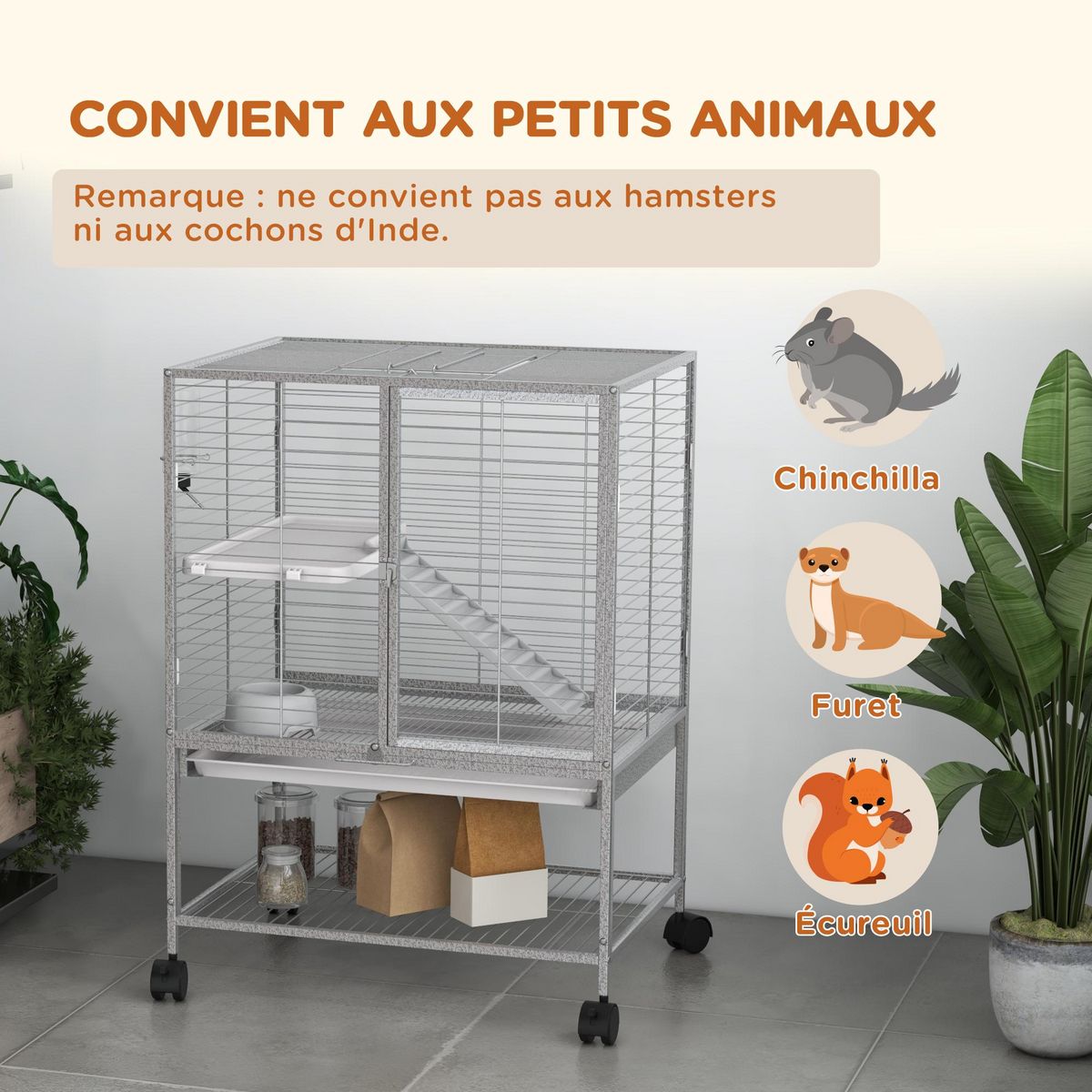 PAWHUT Cage pour rongeurs furet chinchilla plateforme rampe 2 portes biberon gamelle plateau étagère acier gris clair