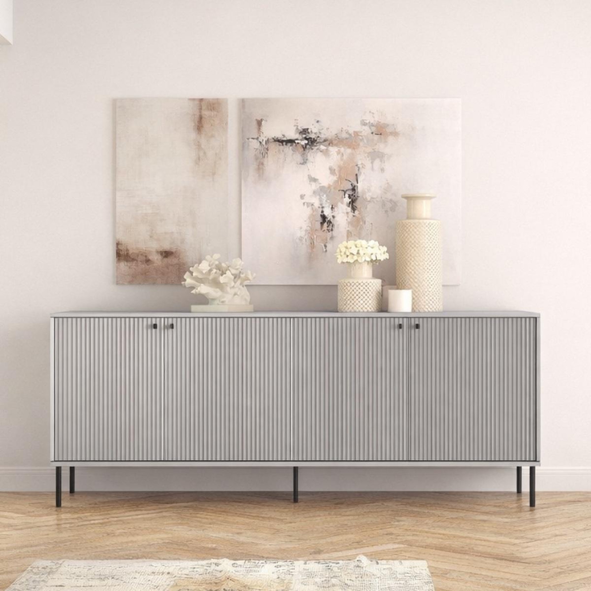 Voir la diapositive 2 : JLC KREATION Buffet bas moderne 4 portes coloris gris simy