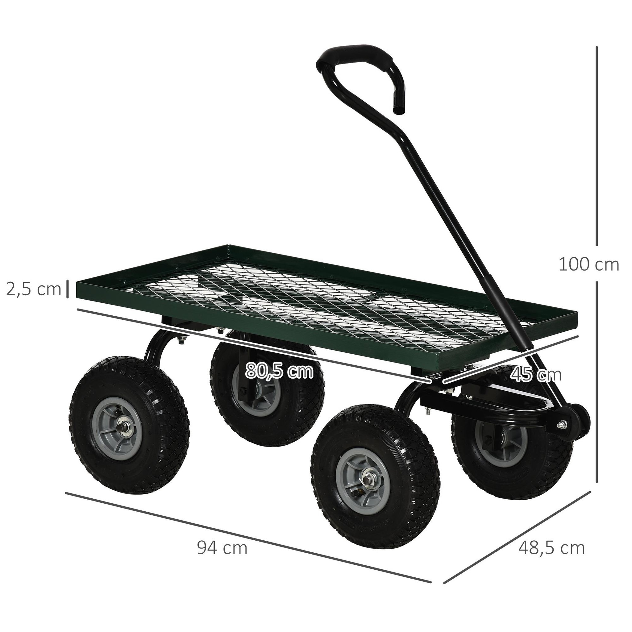 Voir la diapositive 3 : OUTSUNNY Chariot de transport jardin remorque à main charrette à bras 4 roues 94L x 48,5l x 100H cm charge max. 150 Kg métal vert