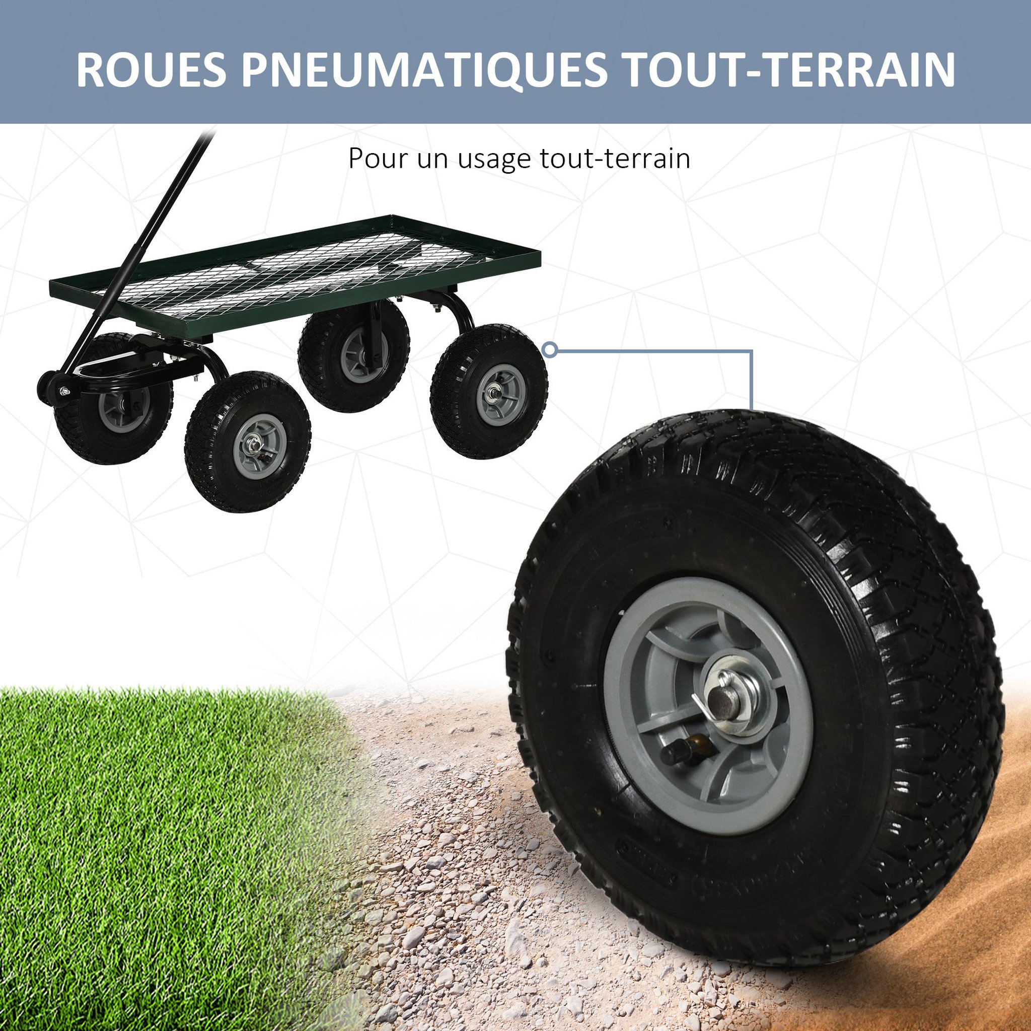 Voir la diapositive 5 : OUTSUNNY Chariot de transport jardin remorque à main charrette à bras 4 roues 94L x 48,5l x 100H cm charge max. 150 Kg métal vert