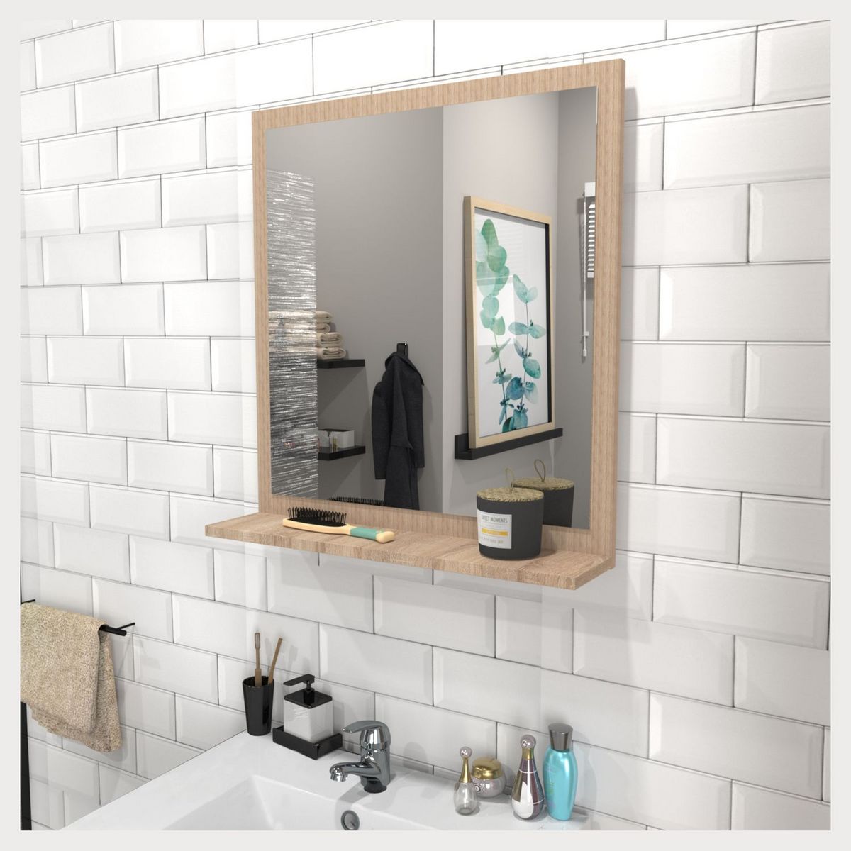 Miroir blanc de salle de bain avec tablette intégrée 60x65 cm FARO