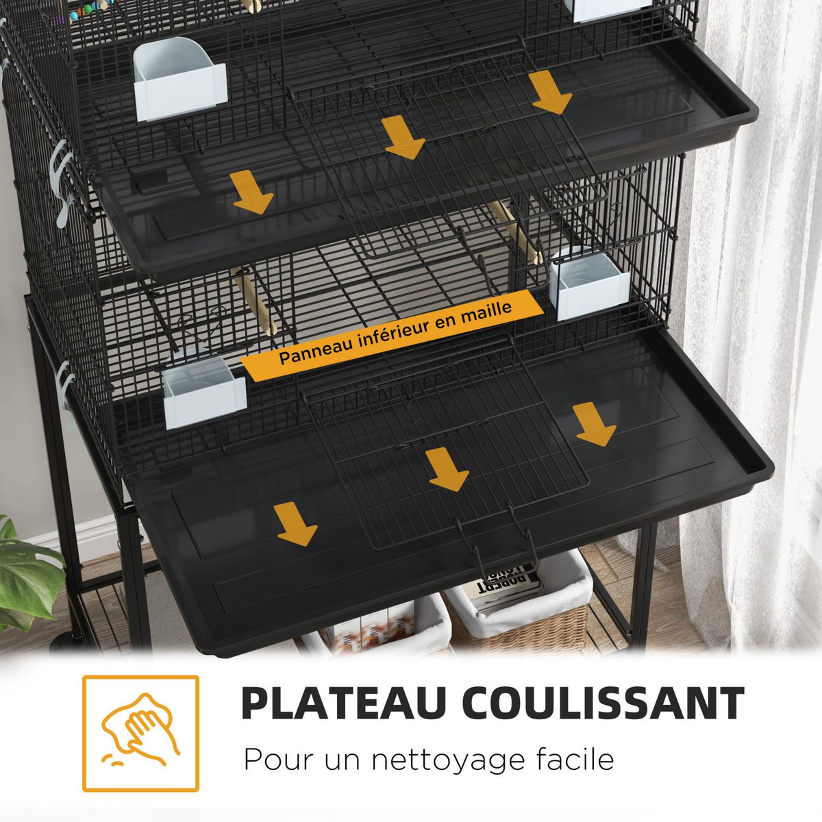PAWHUT Double cage à oiseaux sur roulettes - étagère, plateau déjection, 4 perchoirs, 4 mangeoirs, poignée - dim. 77L x 46l x 164H cm acier noir