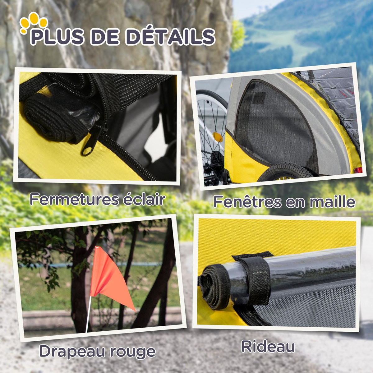 PAWHUT Remorque vélo pour chien 20 Kg pliable barre attelage fixation réflecteurs drapeau jaune