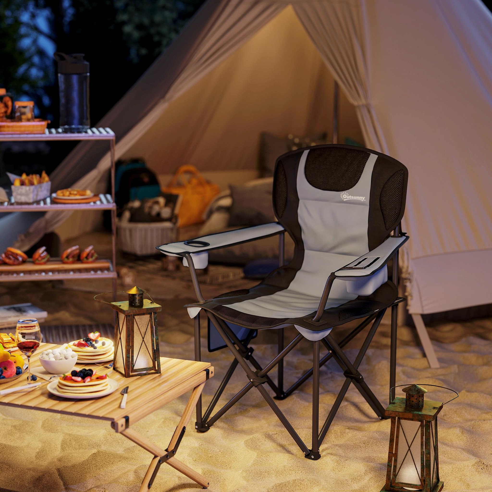Voir la diapositive 2 : OUTSUNNY Chaise de camping pliante rembourrée - porte-gobelets, poches latérales rangement, sac isotherme - sac transport inclus - gris noir