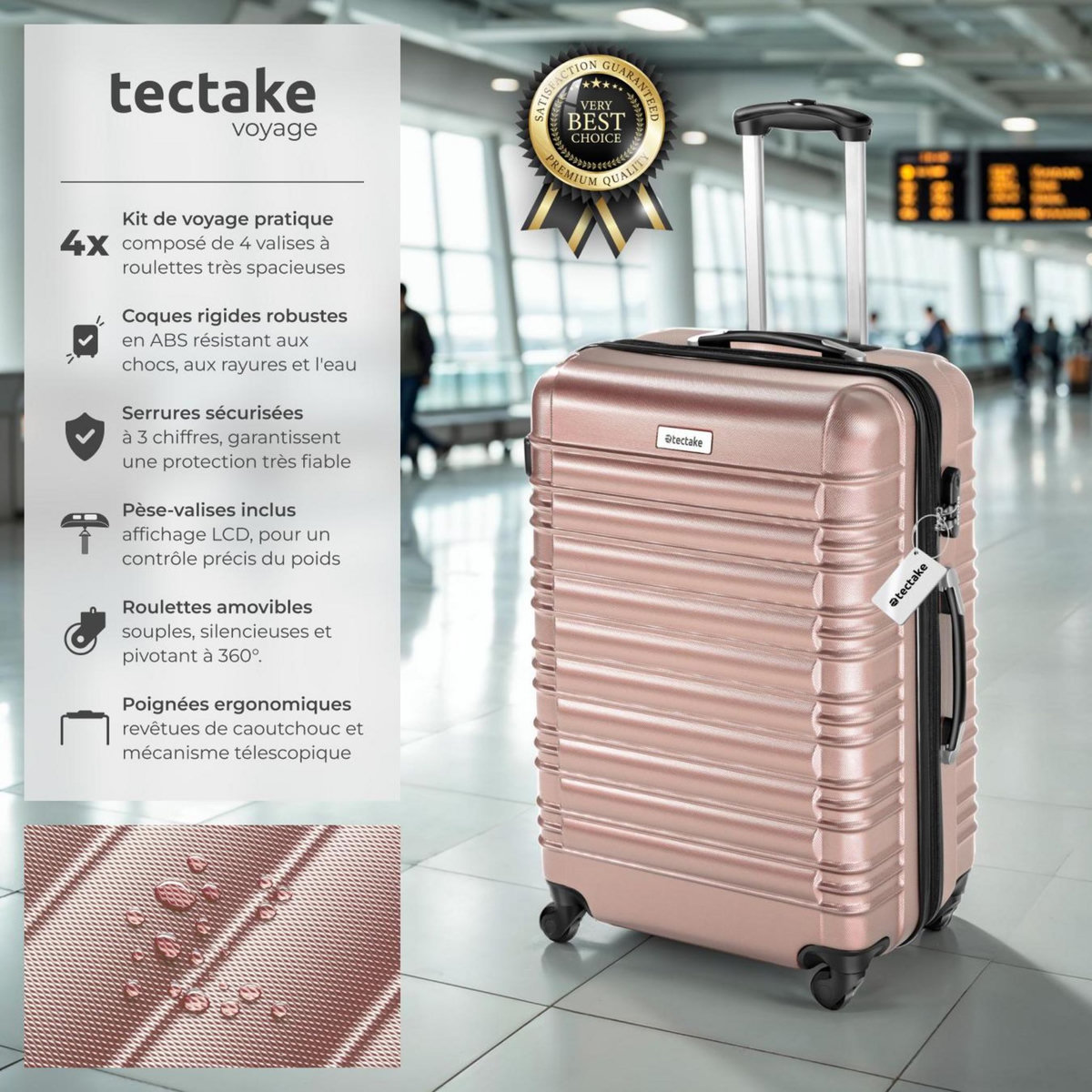 tectake Set de valises rigides 4 pièces en plastique ABS robuste, pèse-bagages et une étiquette de valise incluses or rose