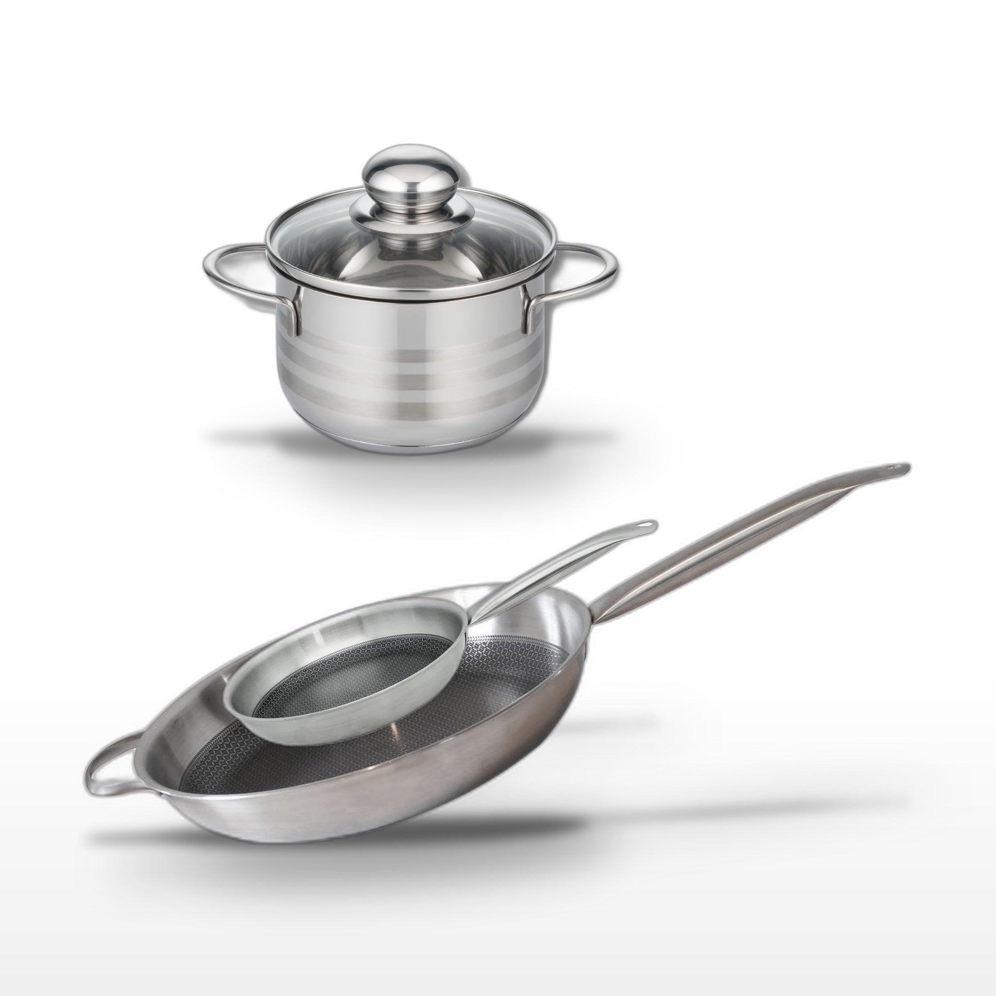 ELO Batterie de cuisine avec 2 poêles 24/32 cm et 1 faitout 16 cm en inox sans pfas elo collection relief solution brillant