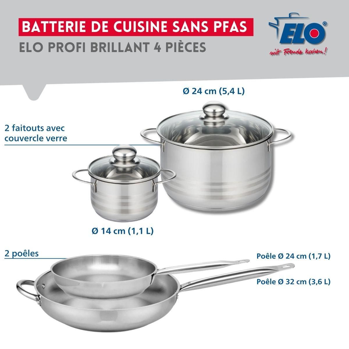 666 Barcelona Ensemble de 2 Poêles de cuisson 24 et 32 cm et 2 faitouts 14 et 24 cm Elo Profi Brillant