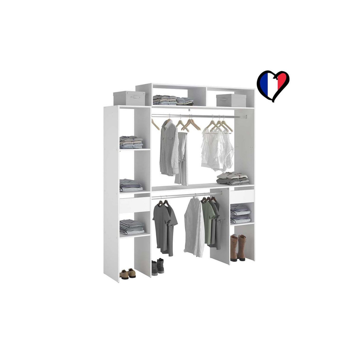 CONCEPT USINE Dressing blanc extensible avec 2 penderies, 4 étagères et 2 tiroirs ELYSEE