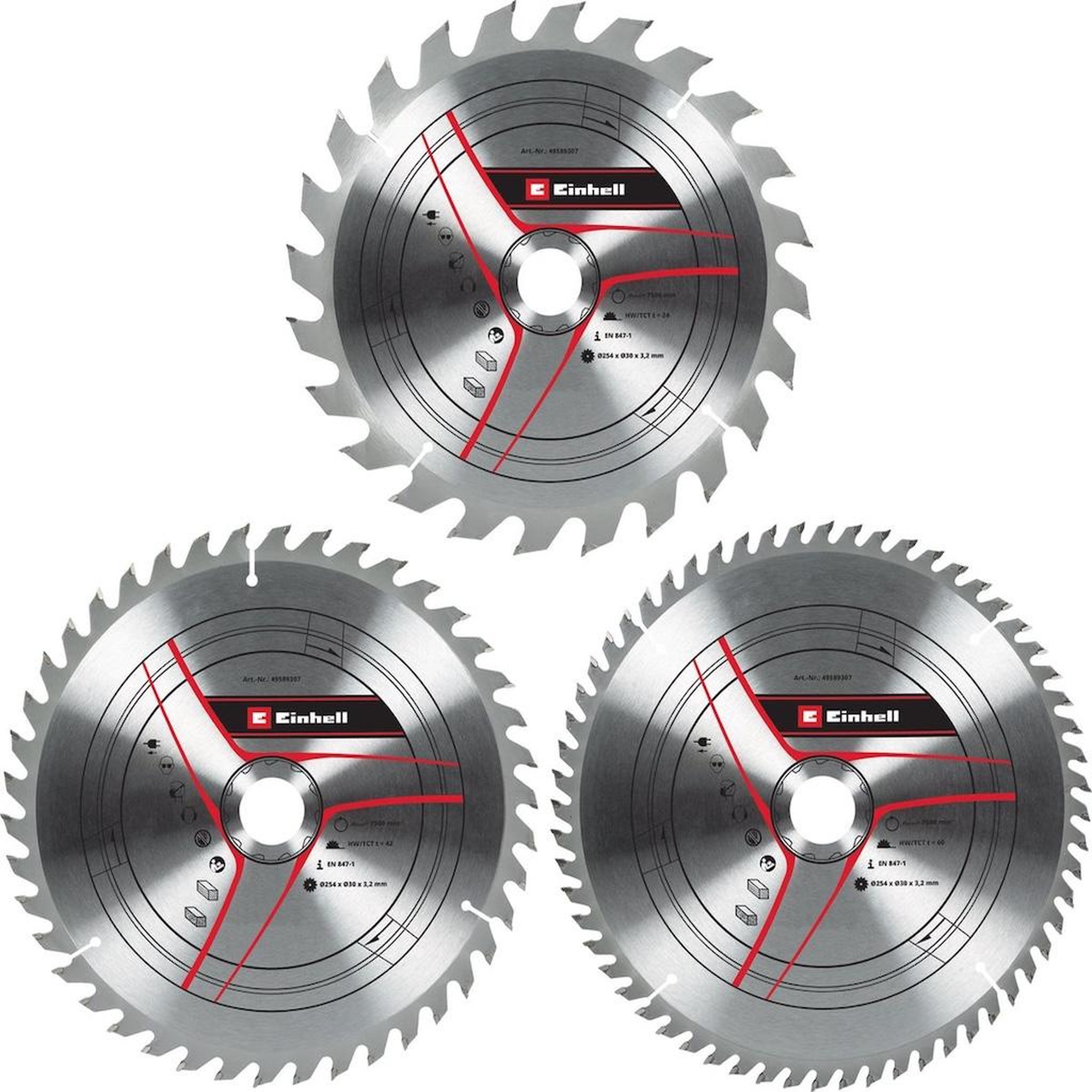 Einhell Jeu de lames de scie circulaire carbure – Ø254 x 30 x 3,2 mm – 24, 42, 60 dents