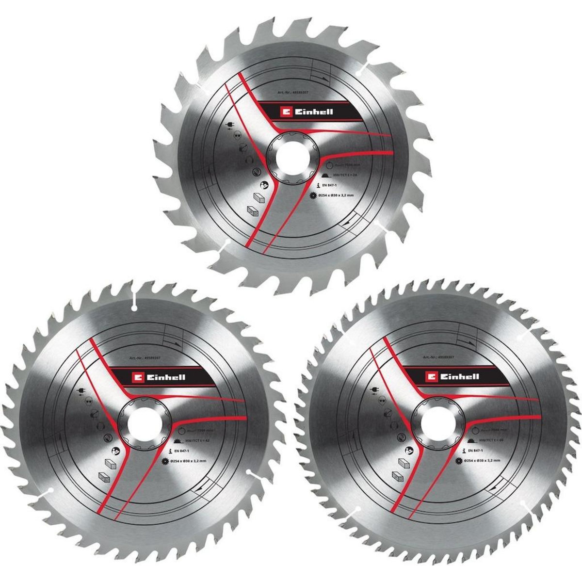 Einhell Jeu de lames de scie circulaire carbure – Ø254 x 30 x 3,2 mm – 24, 42, 60 dents