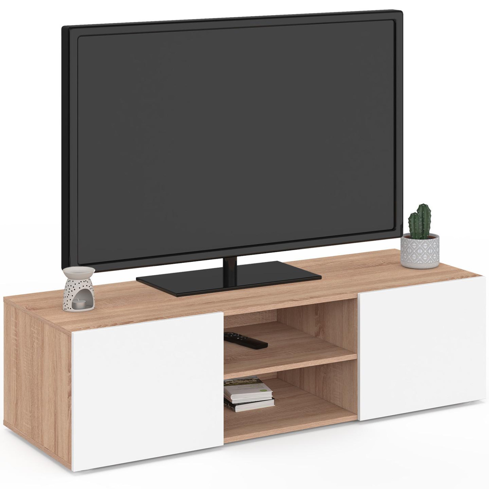 ID MARKET Meuble tv 113 cm eli bois façon hêtre portes blanches