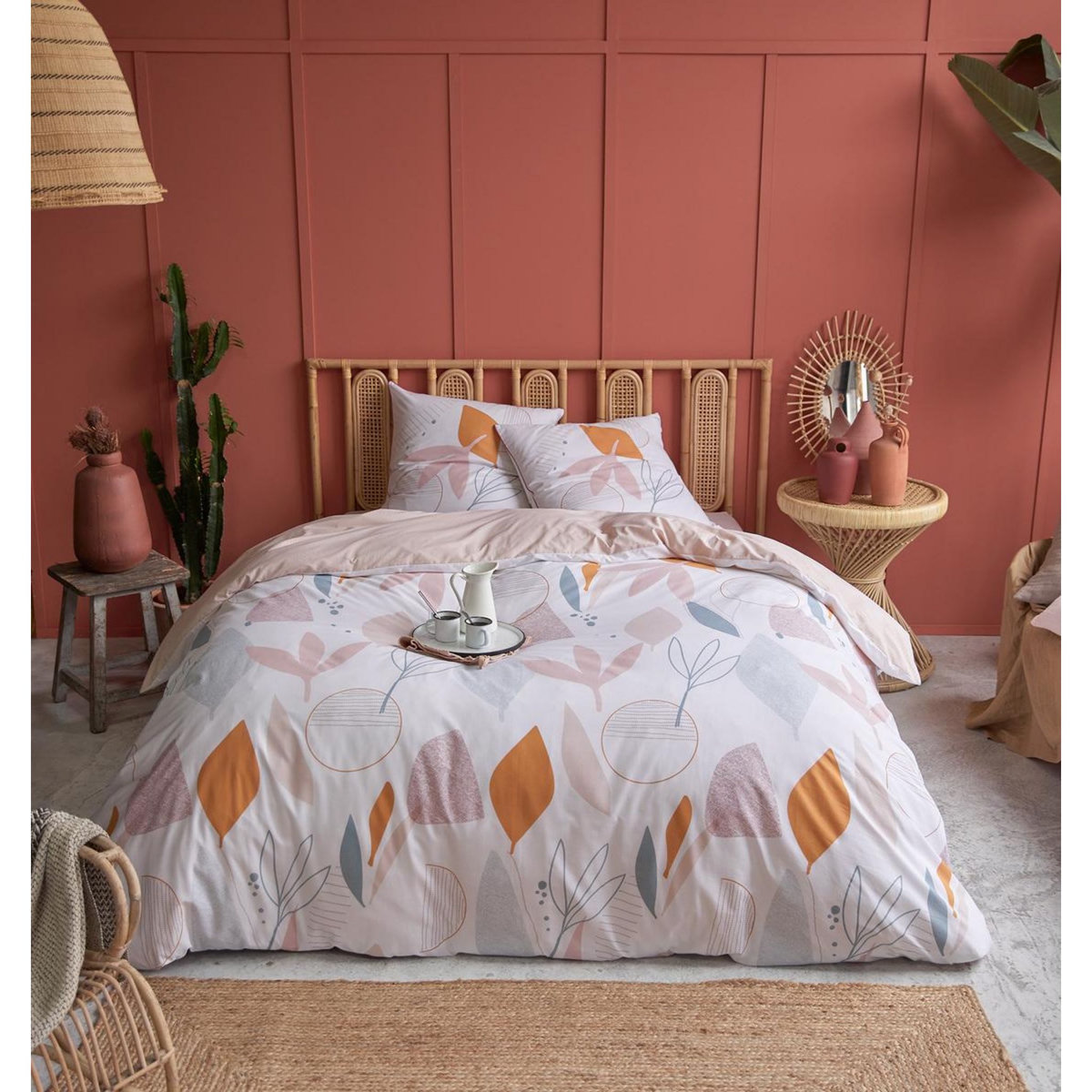 Parure housse de couette en coton 57 fils motif végétal