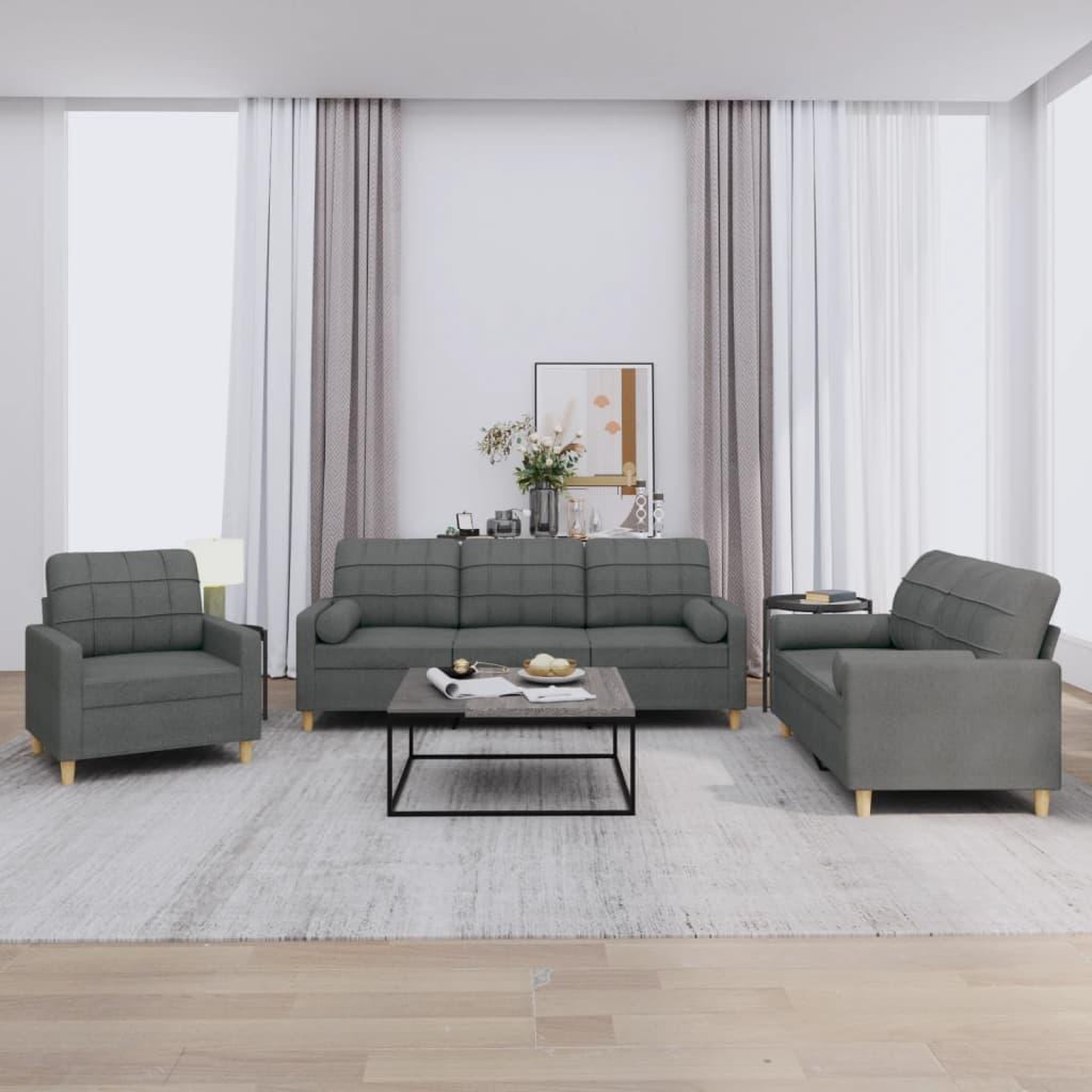 VIDAXL Ensemble de canapes 3 pcs coussins gris fonce tissu