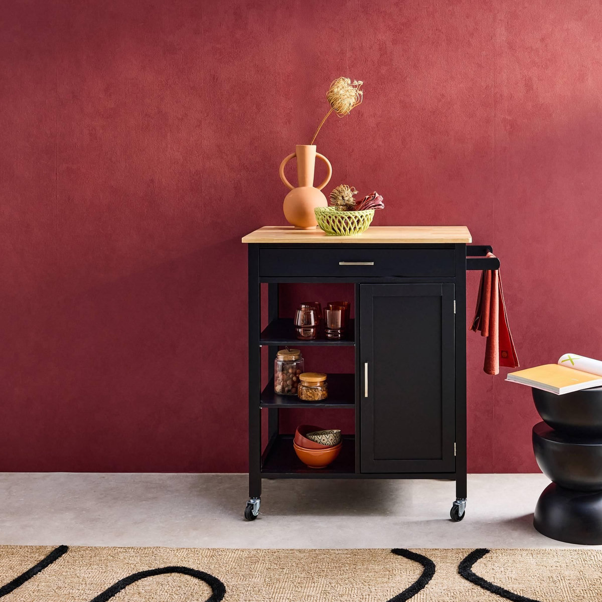 SWEEEK Desserte de cuisine BENDOR plateau en bois d'hévéa, 83 x 47 x 91 cm, 1 poignée, 4 roues, 1 tiroir, 5 étagères, 1 porte, style contemporain