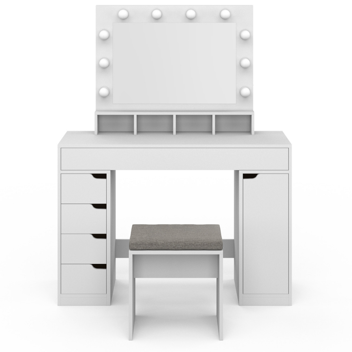 ID MARKET Coiffeuse ZELIA blanche miroir LED avec 4 niches, 5 tiroirs, 1 caisson de rangement et tabouret rembourré