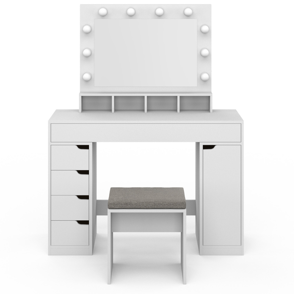 ID MARKET Coiffeuse ZELIA blanche miroir LED avec 4 niches, 5 tiroirs, 1 caisson de rangement et tabouret rembourré