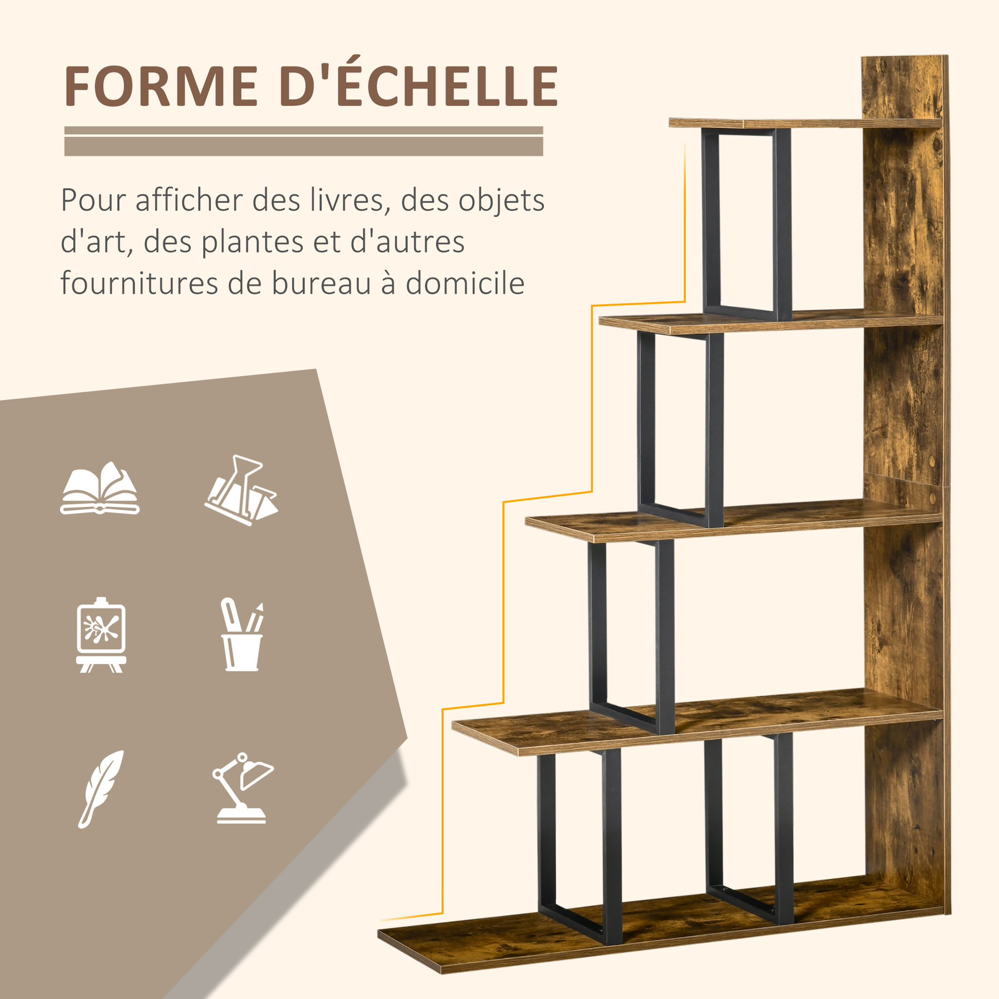 Voir la diapositive 4 : HOMCOM Étagère bibliothèque séparateur de pièce style industriel en escalier 5 étagères dim. 102L x 30l x 160H cm acier noir panneaux particules aspect vieux bois chêne