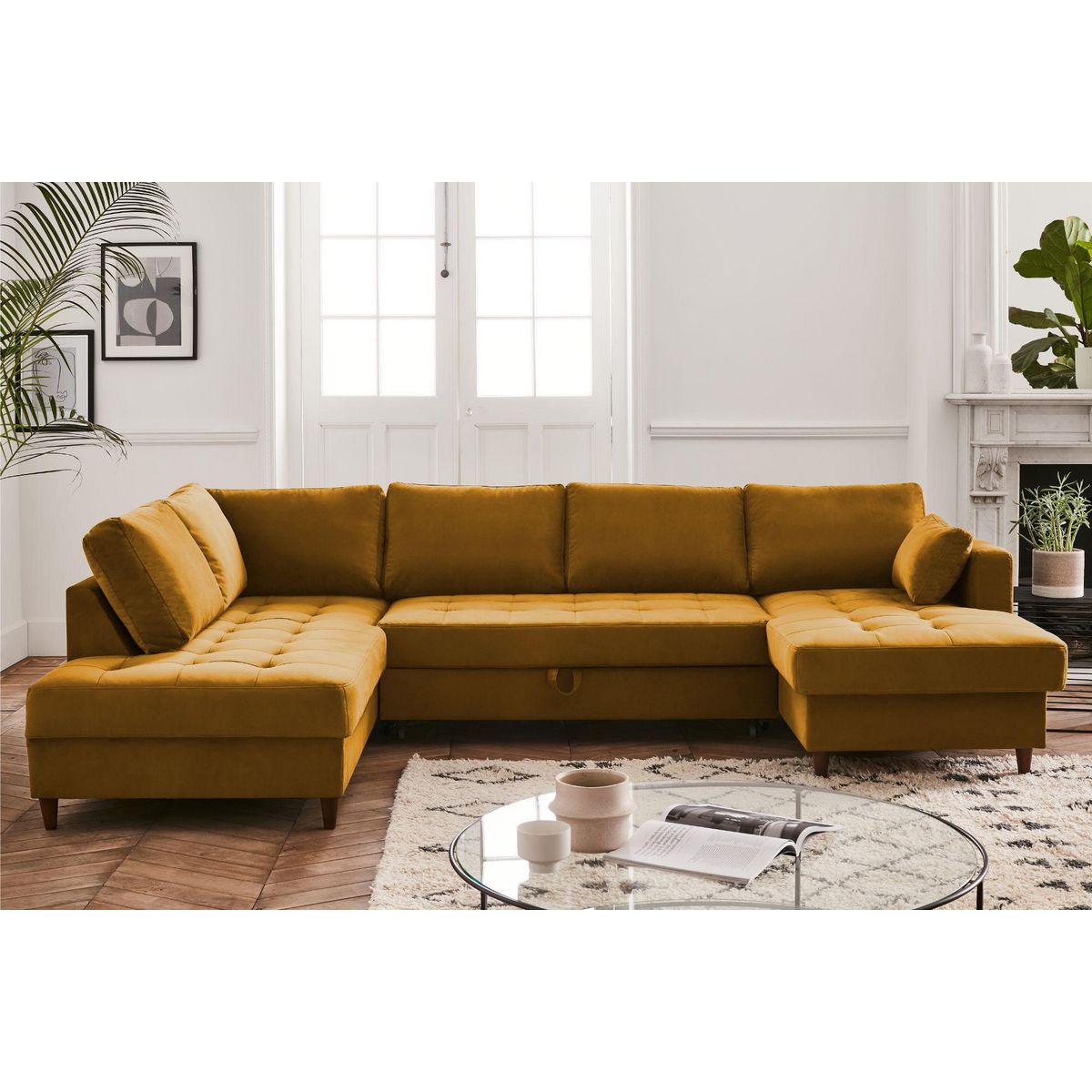 LISA DESIGN Anna - canapé panoramique d'angle gauche - 7 places - convertible avec coffre - en velours