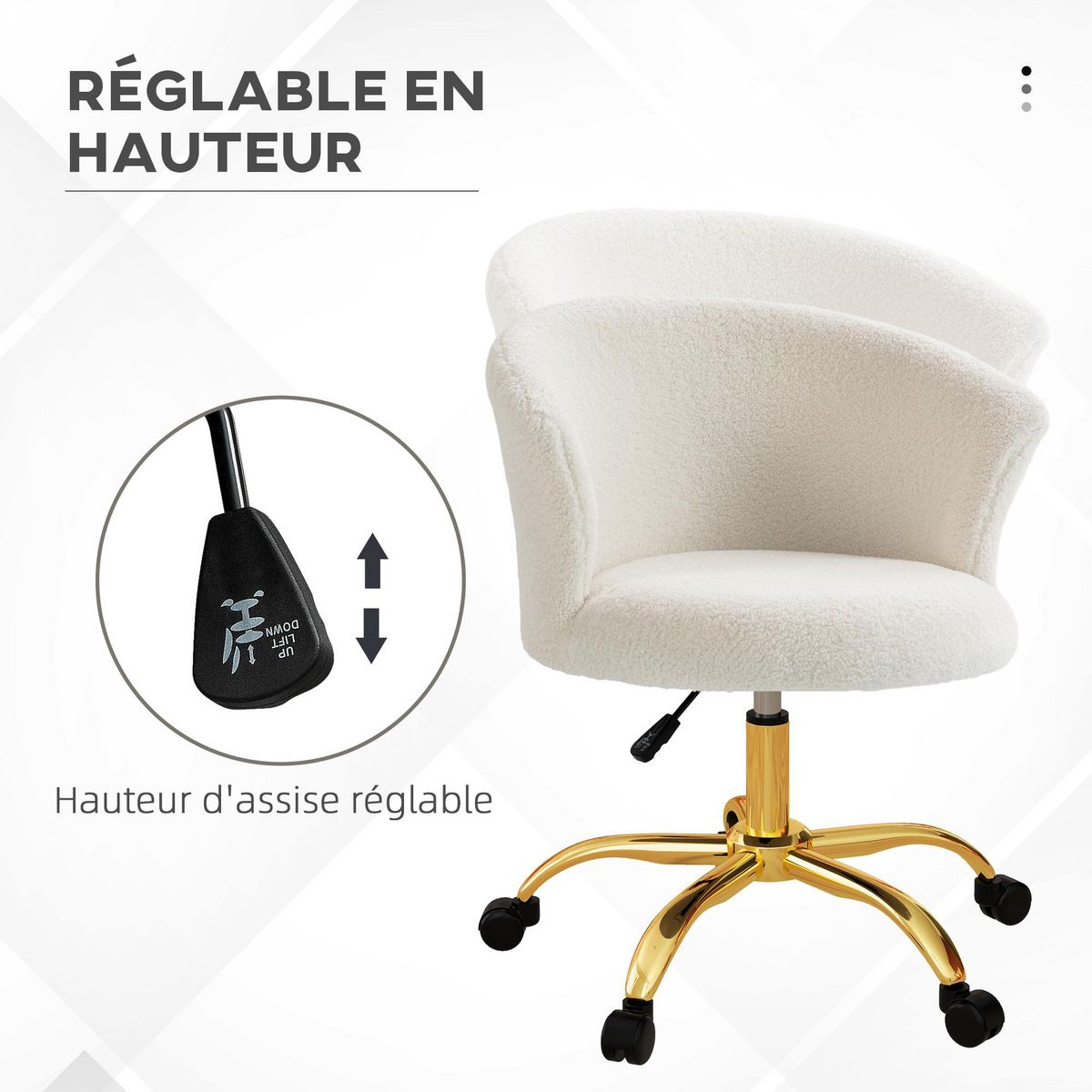 VINSETTO Chaise de bureau design effet courte laine bouclée piètement métal doré blanc