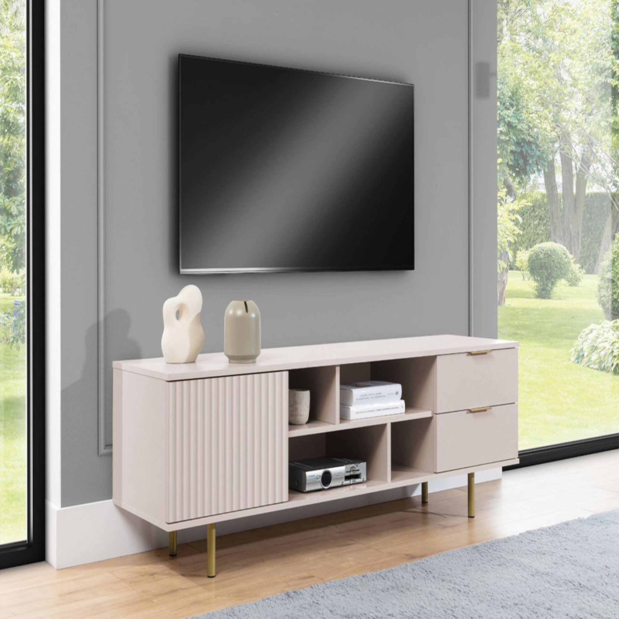 BEST MOBILIER Monica - meuble tv - beige - 4 niches et 2 portes - 150 cm. Coloris disponibles : Beige