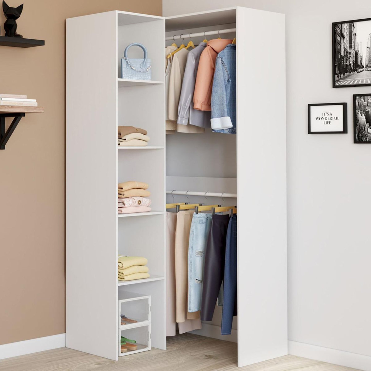 ID MARKET Dressing d'angle modulable L. 90 / 127 cm MELMAN double penderie + étagères blanc