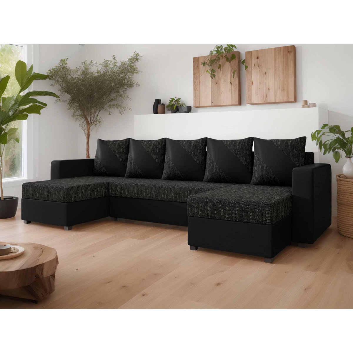 BEST MOBILIER Romy - canapé panoramique en u - 7 places - convertible avec coffre - en tissu et pu