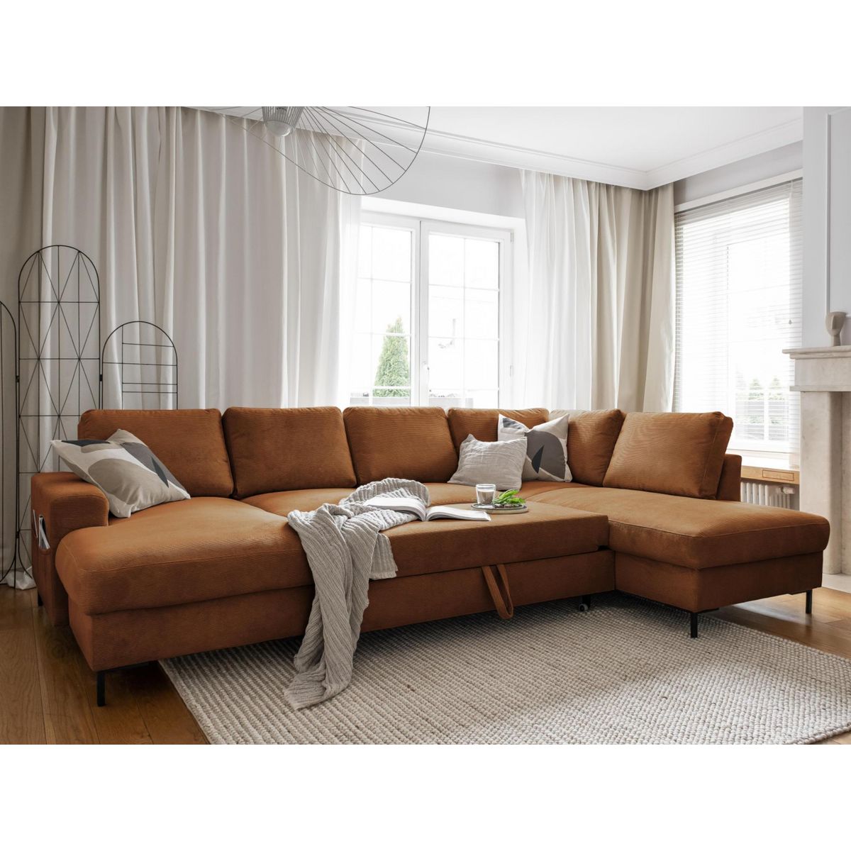 BEST MOBILIER Lilly - canapé panoramique d'angle droit - 7 places - convertible avec coffre - en velours côtelé