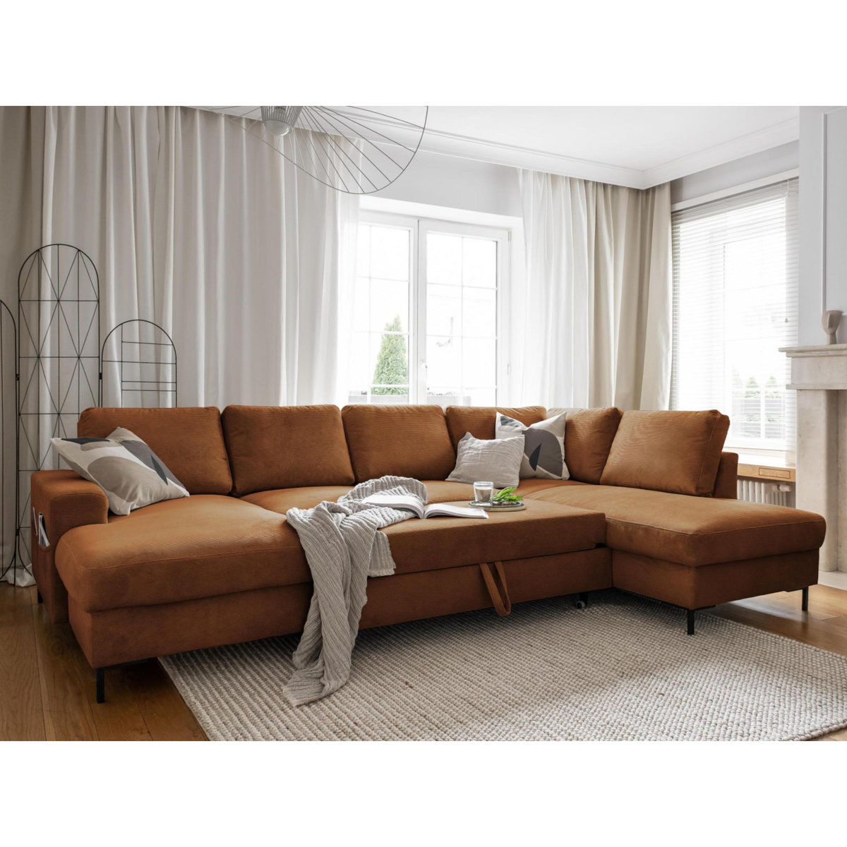 BEST MOBILIER Lilly - canapé panoramique d'angle droit - 7 places - convertible avec coffre - en velours côtelé