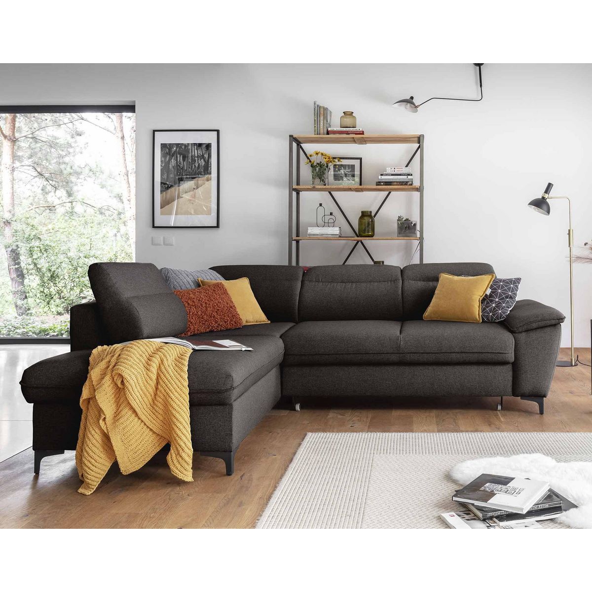 BEST MOBILIER Clever - canapé d'angle gauche - 5 places - convertible avec coffre et têtières - en tissu