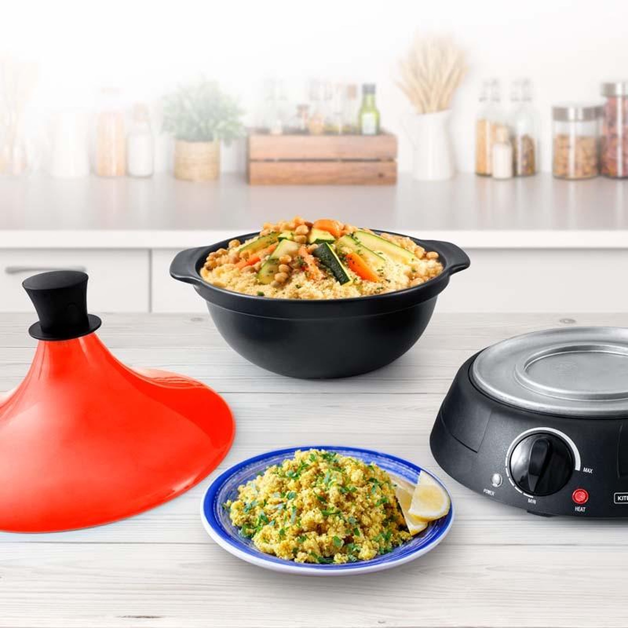 Voir la diapositive 2 : KITCHENCOOK Tajine électrique Avec Pot En Terre Cuite Kjine_3 Rouge Kitchencook