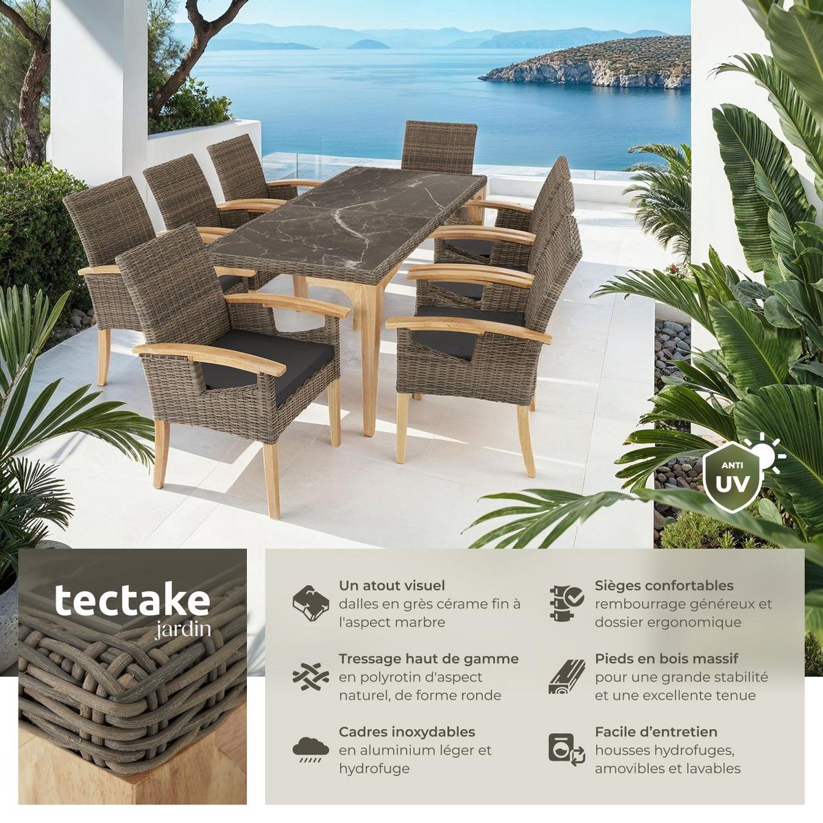 tectake Ensemble table en rotin avec 8 chaises avec cadre robuste marron naturel
