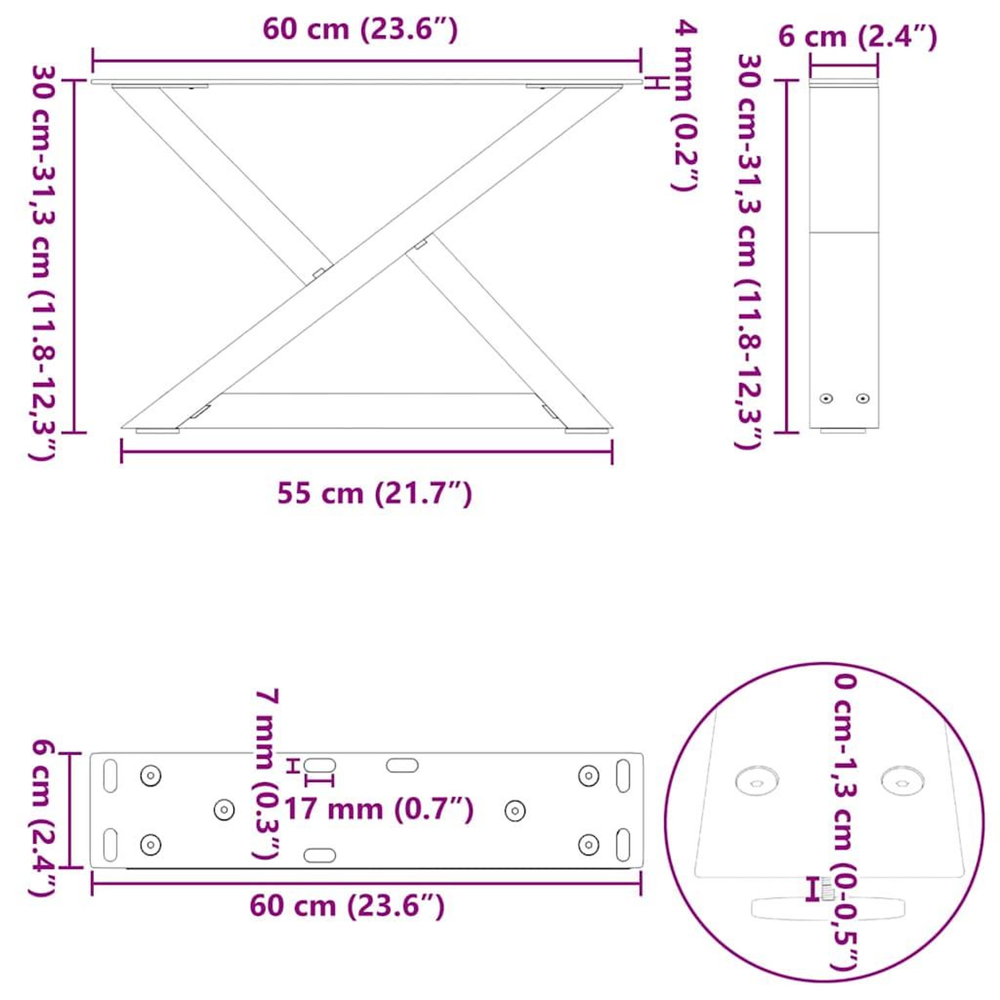 Voir la diapositive 6 : VIDAXL Pieds de table basse 2 pcs acier naturel 60x(30-31,3) cm acier