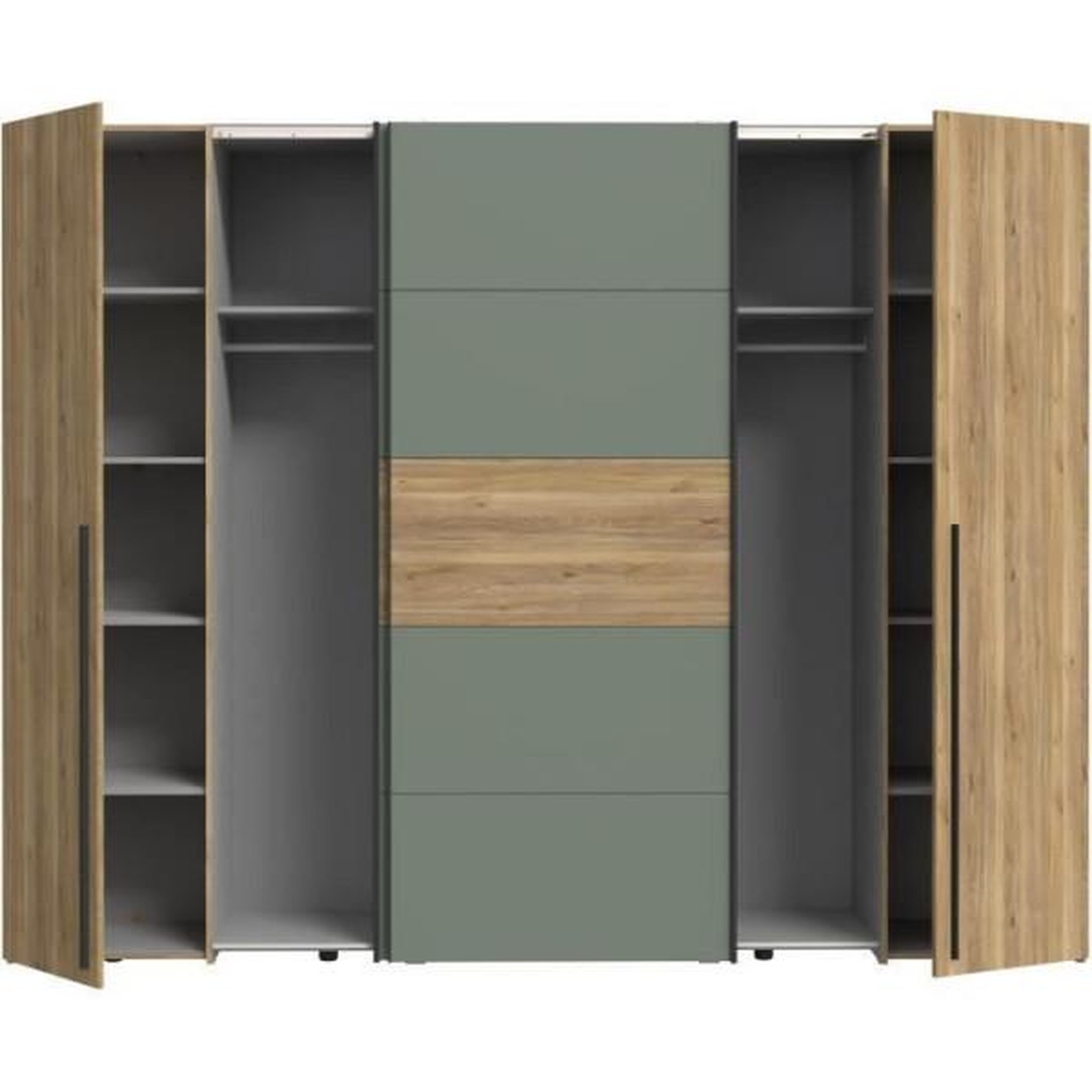 Voir la diapositive 6 : MARKET24 Armoire - Décor Chene et vert Sauge - 2 portes battantes + 2 portes coulissantes - L270 x P61 x H210cm - NARAGO