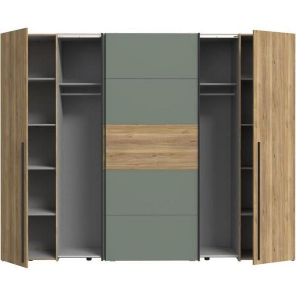 MARKET24 Armoire - Décor Chene et vert Sauge - 2 portes battantes + 2 portes coulissantes - L270 x P61 x H210cm - NARAGO