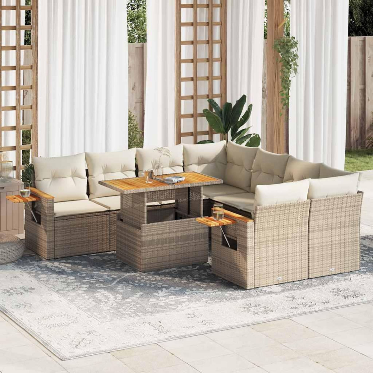 VIDAXL Salon de jardin avec coussins 9 pcs beige resine tressee acacia