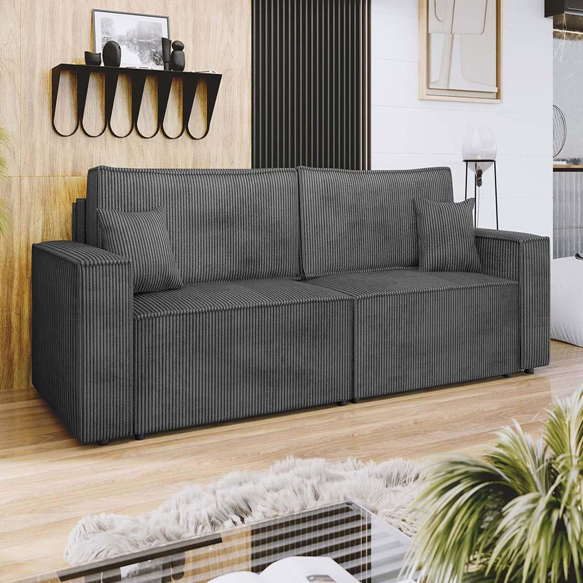 Voir la diapositive 1 : BEST MOBILIER Cezanne - canapé droit 3 places convertible avec coffre en velours côtelé
