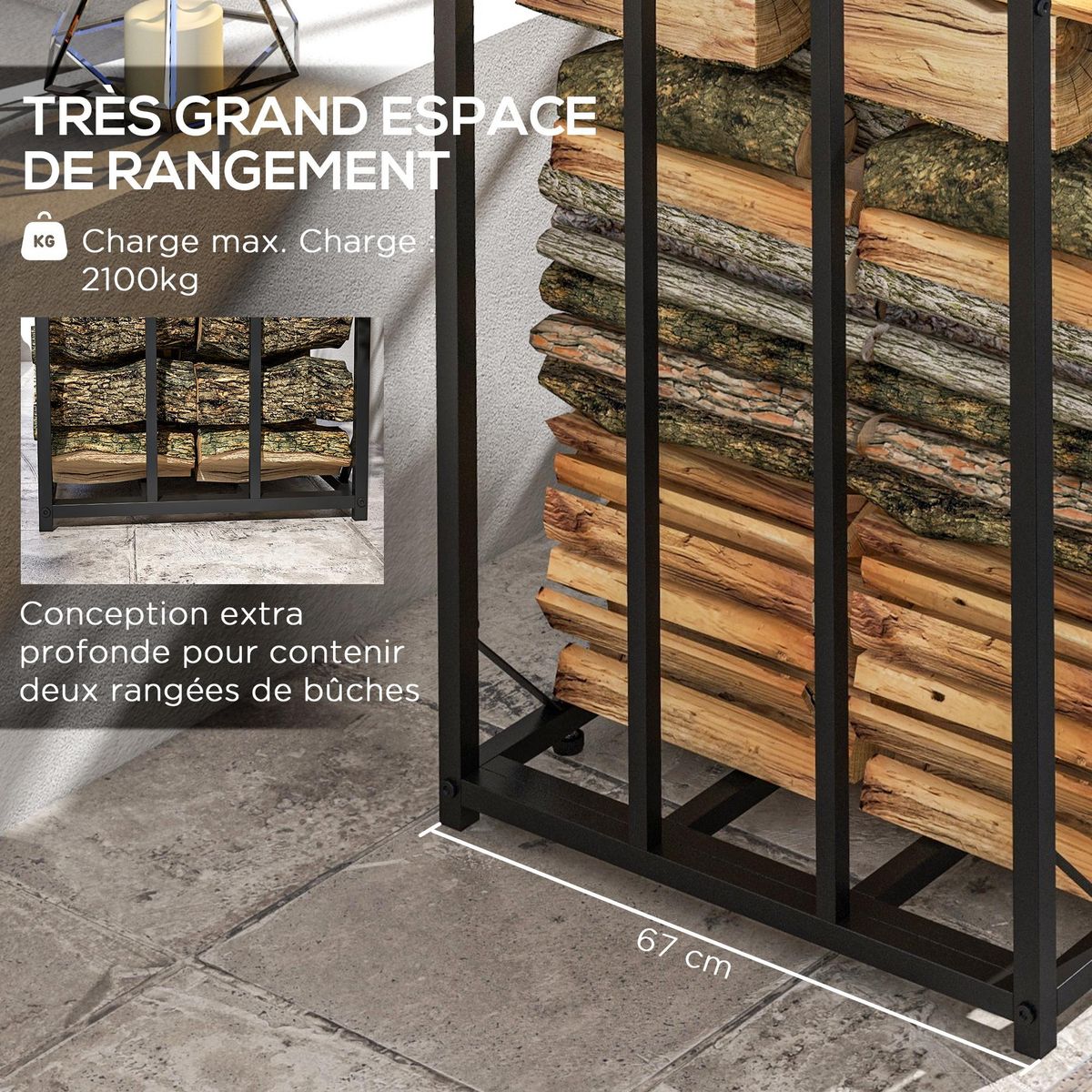 OUTSUNNY Abri-bûches pour bois de chauffage stockage extérieur du bois en métal et polycarbonate 185 x 67 x 185 cm noir