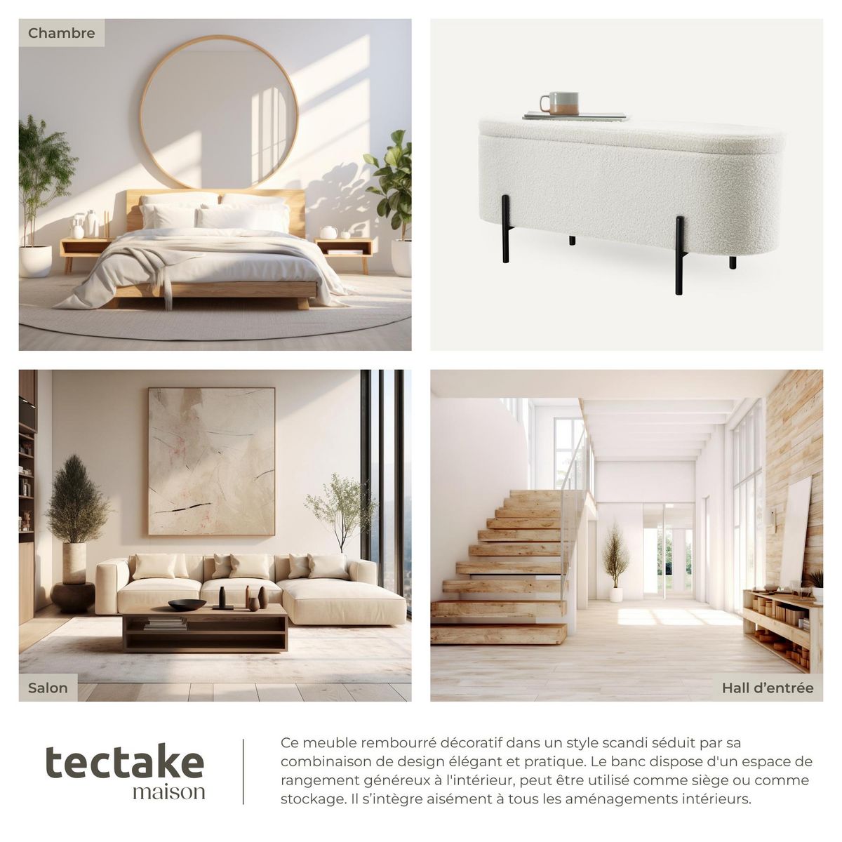 tectake Banc en tissu bouclé Bouclé crème/ blanc