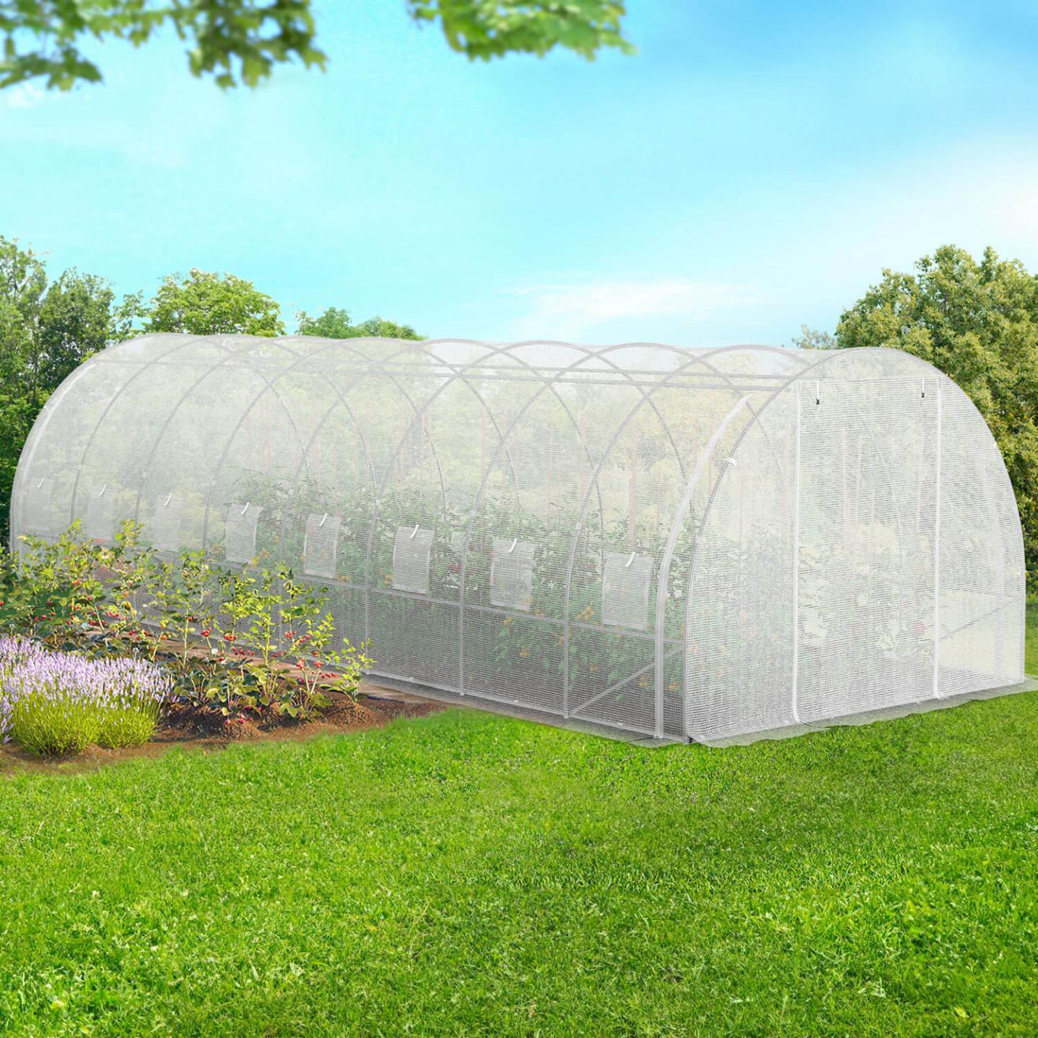 Voir la diapositive 3 : ID MARKET Serre de jardin tunnel 24m² 8 x 3 x 2 m acier galvanisé + bâche anti-uv avec porte et fenêtres des andes blanche toutes saisons