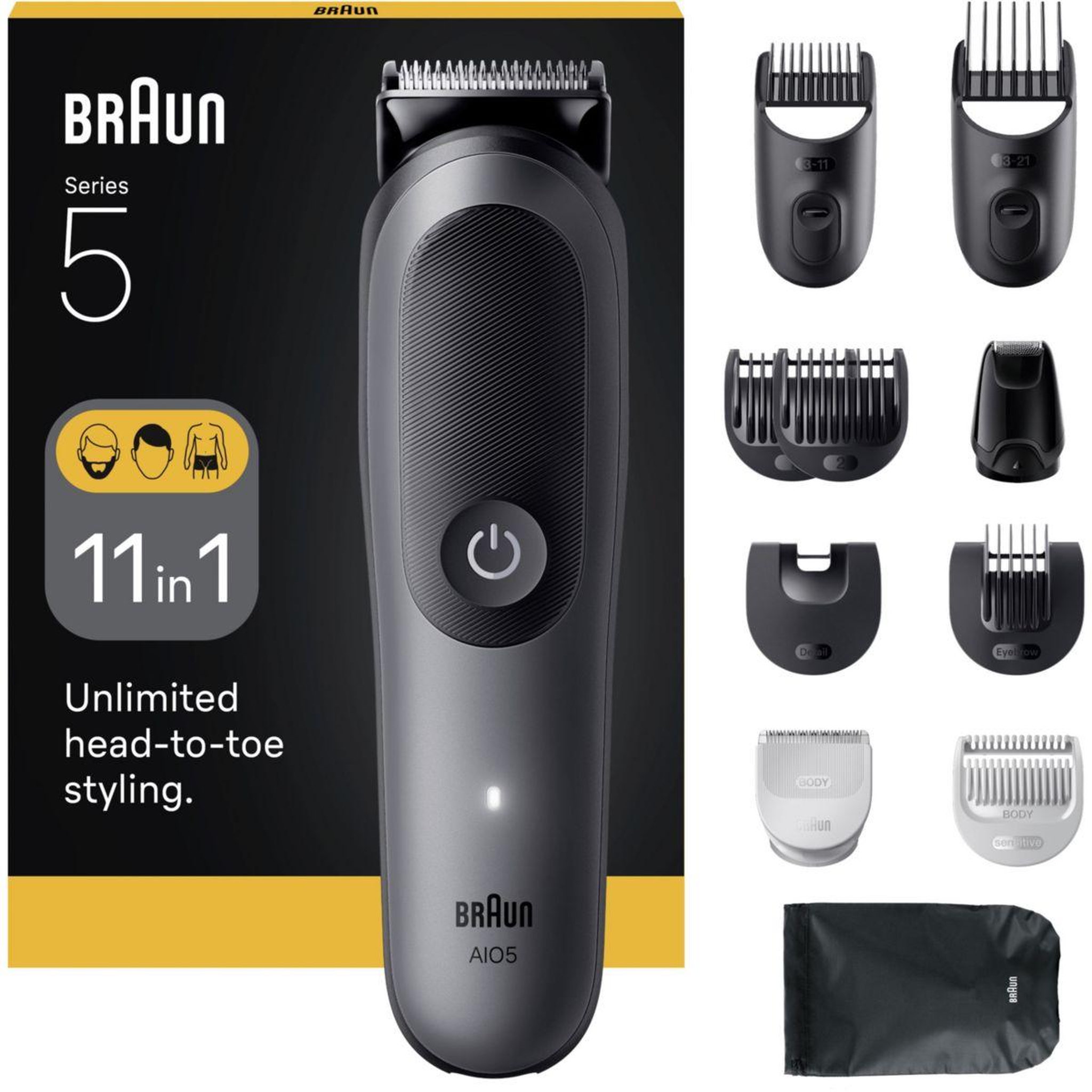 BRAUN Tondeuse multi usages aio5560, 14 hauteurs de coupe, précision 0,5 mm, autonomie 120 mn