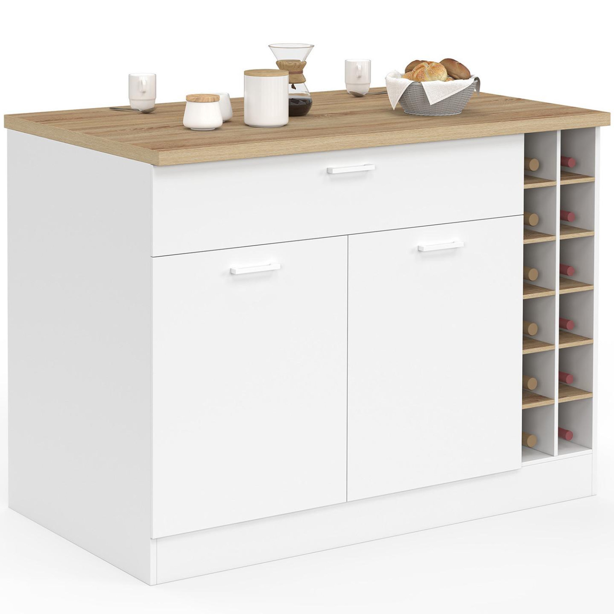 ID MARKET Ilot central george 120 cm avec range-bouteilles placard et tiroir bois blanc avec plan de travail façon hêtre