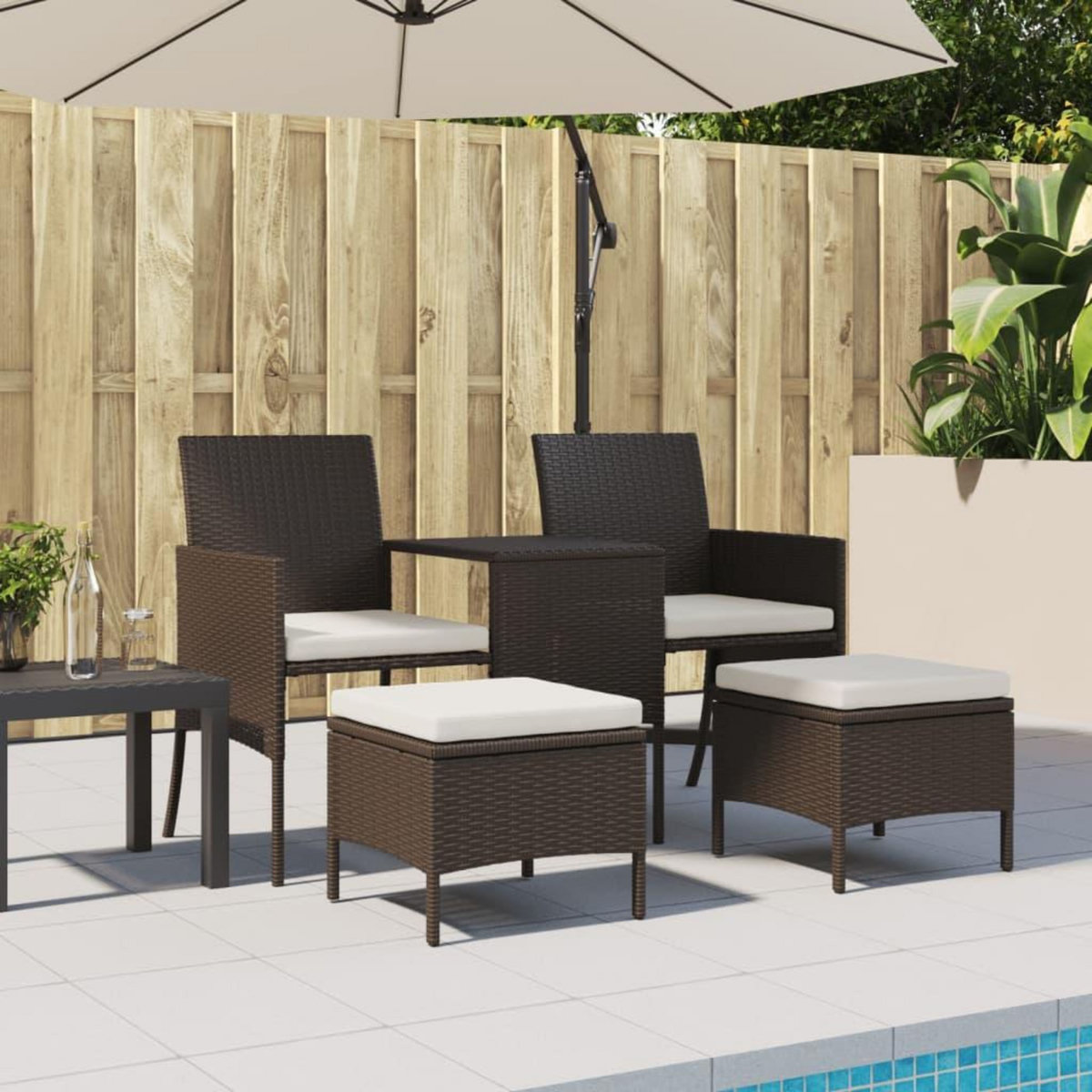 VIDAXL Canape de jardin 2 places avec table et tabourets marron rotin